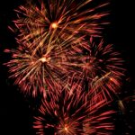 Several red fireburst style fireworks on a black sky.