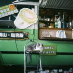 A very fluffy and angry looking grey and white cat is sitting on a stool in front of a green Japanese coffee food truck thing.